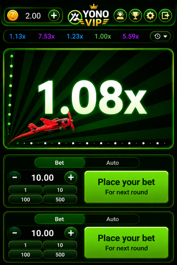 Yono VIP game screen showing 1.08x multiplier and betting options