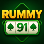 Rummy 91 logo featuring bold golden text and a green card-style gaming design.