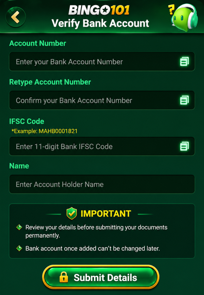 Bingo101 APK bank account verification