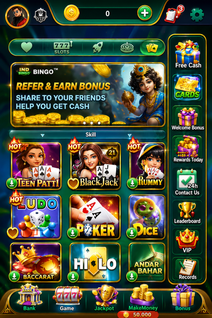 Bingo101 app game lobby with Teen Patti, Rummy, Ludo and Blackjack