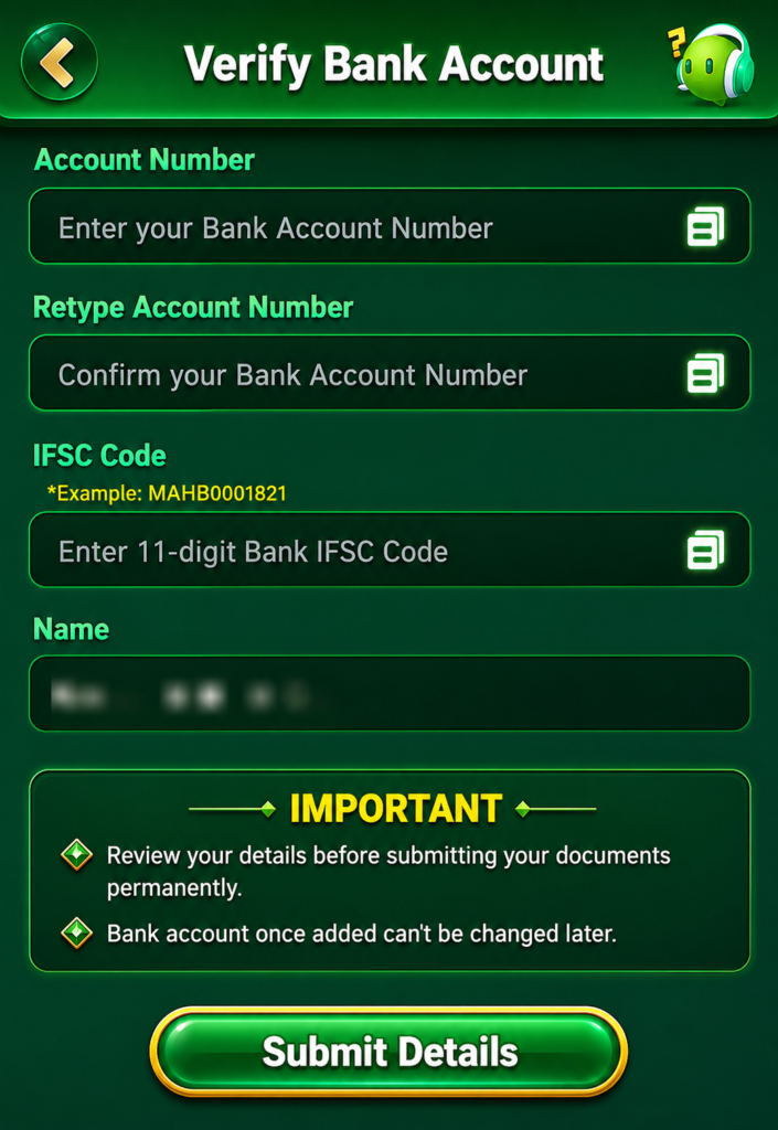 Bingo101 Play bank account verification screen